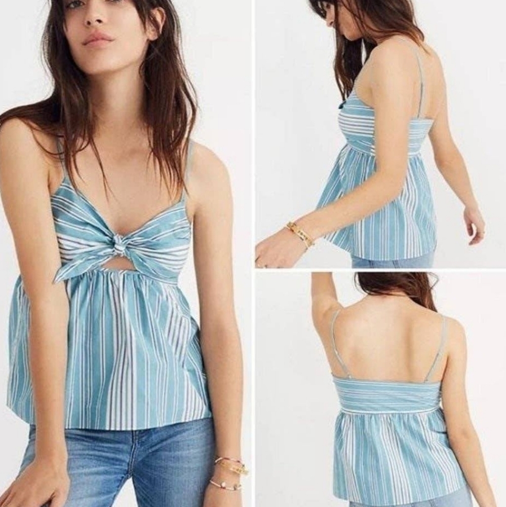 Madewell Blue Striped Tie-Front Keyhole Cami Cropped Top Spaghetti Straps